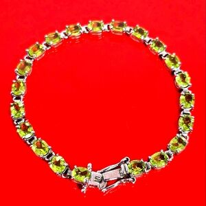925 Sterling Silver Bracelet 7.5" with Natural Peridot 7x5mm Gemstone